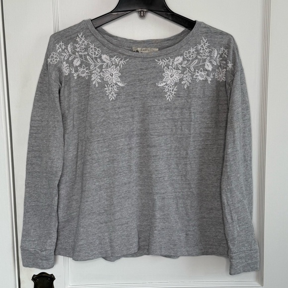 LOFT | Marled Gray Floral Embroidered Long Sleeve Shirt Blouse Top - Picture 1 of 4